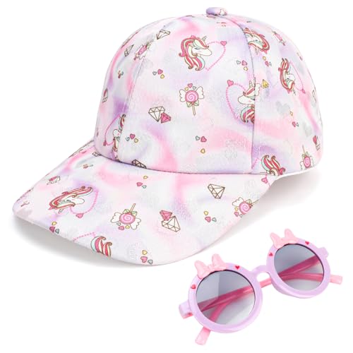Jupsk Girls Baseball Cap and Sunglasses Set, Baby Unicorn Sun Hat Summer Bucket Hat Trucker Cap for Kids Children 3-8 Years （Purple）