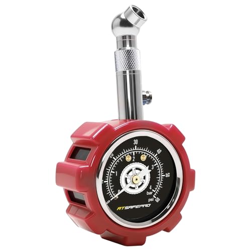 ATsafepro Red Tyre Pressure Gauge UK 4 Bar 60 PSI Mechanical Tyre Pressure Checker with 1.5 Glow Dial Accurate Professional Gauge for Motorcycle Car Truck