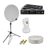 PremiumX Camping Satelliten-Komplettanlage 60cm Antenne Hellgrau SAT Single LNB Dreibein-Stativ TV Kabel DVB-S2 Satelliten-Receiver