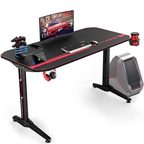 Vitesse Ergonomic Gaming Desk, T Shaped Office Pc Computer Desk With Full Desk Mouse Pad, Gamer Tables With Chargeable Gaming Handle Rack, Cup Holder Headphone Hook #TOP11