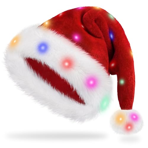 Vaiziq Santa Hat Light Up Christmas Hats Adults For Women Adult Men,Unisex Red Velvet Comfort Xmas Hat Holiday New Year Festive Party Headwear