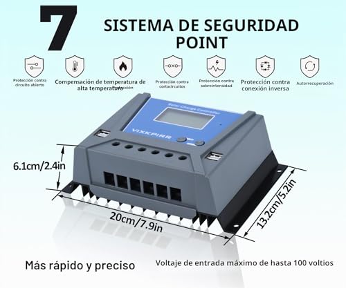 Miniatura 4 de Vixkpirr 60a Controlador De Carga Solar 12v 24v 36v 48v Automático, Pwm 60a Regulador De Carga Solar Con Sensor Ttemperatura Lcd Pantalla Retroiluminada 4 Usb Apto Muchos Plomo Ácido Y Litio Baterías