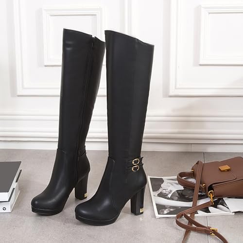 Asterisco Women Block Heel Knee High Boots With Platform High Heel Boots Round Toe Zip Dress Boots, Size 3.5-102