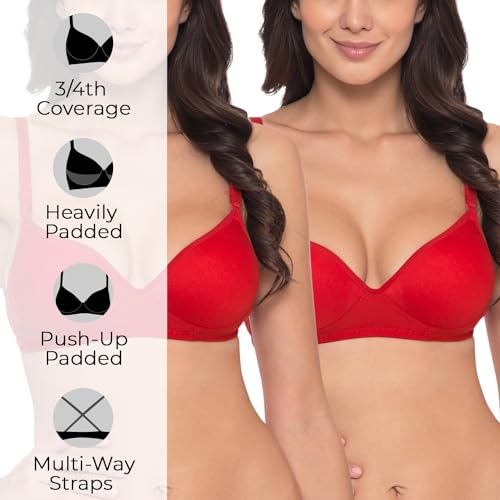 Image of Komli - Heavily Padded Push-Up Bra - Cotton Rich - Balconette - 3 /4th Coverage, Seamless, Wireless, Multiway Straps - T-Shirt Bra (Pack of 2)