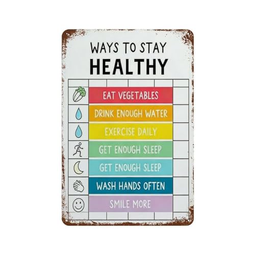peiyeety Letrero de hojalata de metal de 20 x 30 cm, arte retro para pared, Come verduras, bebe agua, haz ejercicio a diario, duerme bien, lávate las manos y sonríe más para el hogar y la cocina.