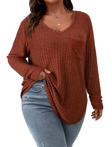 Koscacy Women Plus Size Casual Knit Sweater with Pocket V Neck Solid Color Tops Lightweight Long Sleeve Blouses