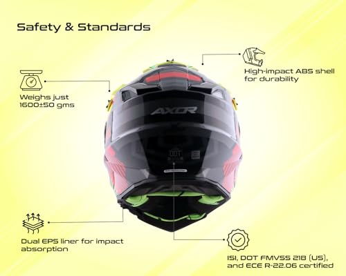 Image of Axor X-Cross Gambling ISI ECE and DOT Certified Premium Off-Road Full Face Helmet with Pinlock Fitted Dual Visors and Stylish Peak-Black Neon Yellow-L