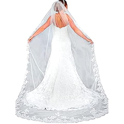 Salliy Layer Wedding Veil Bridal Veil Embroidery Lace Edge Bride with Comb Cathedral Length Hair Accessories (White-2) (Ivory) Cover
