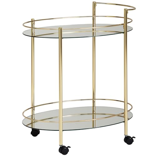 WOHNLING Service Design doré 67x79 cm Mini Bar Mobile | Table d'appoint sur roulettes Voiture-Restaurant avec Plateau en Verre Blanc Chariot de Cuisine |...