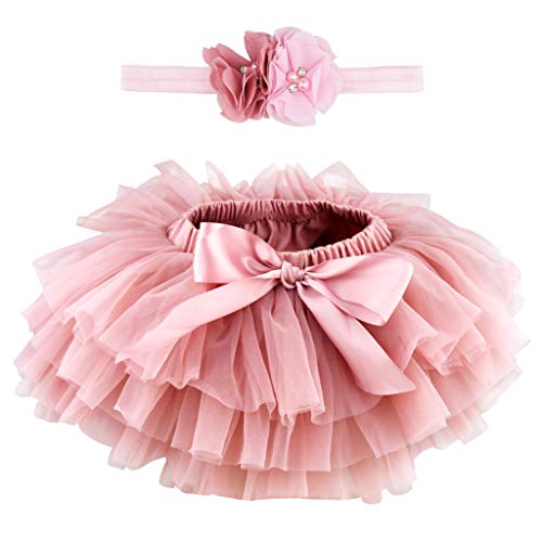 Marrywindix Newborn Baby Girls Tutu Flower Beads Headband Set Ruffles Tulle Skirt with Bow Baby Cotton Bloomers Diaper Cover Photography Prop (6-12 Months)