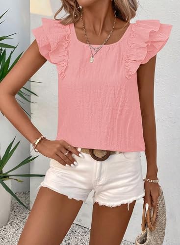 Image of Falechay Womens Bow Tie Back Tops Round Neck Ruffle Short Sleeve Shirts Cute Babydoll Chiffon Tee Women Summer Trendy Tunic