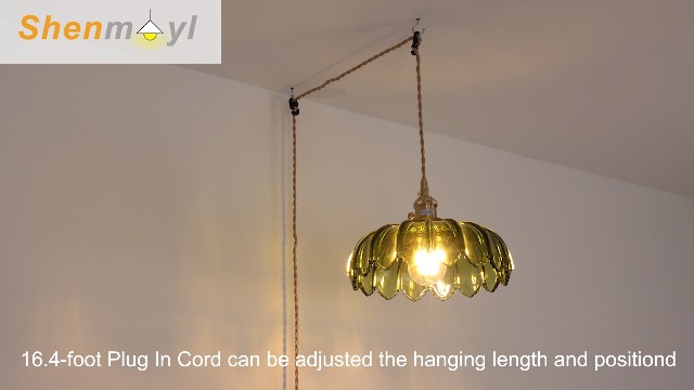 Image of Shenmoyl Plug in Pendant Light Hanging Light Fixtures with Plugin Cord On /Off Switch,Green Scindapsus Glass Lampshade Brass Pendant Light