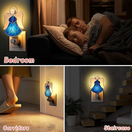 Image of Stained Glass Blue Guardian Angel Night Lights Plug into Wall | Plug in Night Light In Wall Socket Decorative Nightlight for Bedroom Hallway,Mothers Day Gifts for Mom Birthday Christmas