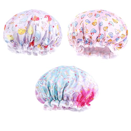3 sombreros de ducha para niños, gorro de ducha impermeable para niños, gorro de ducha de doble capa para niños, gorro de ducha ajustable y reutilizable, delfín, unicornio, gorro de ducha infantil