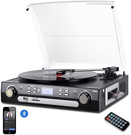 DIGITNOW Bluetooth Record Player with Stereo Speakers, Turntable for Vinyl to MP3 with Cassette Play, AM/FM Radio, Remote Control, USB/SD Encoding, 3.5mm Music Output Jack(Black)
