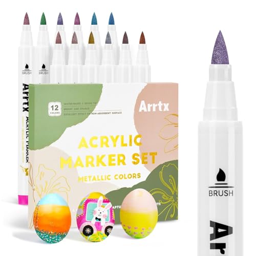 Image of Arrtx 12 Colors Metallic Acrylic Paint Markers for Rock Painting, Extra Fine Tip for Rock Painting, Ceramic, Glass, Canvas, Cup, Wood, Easter Egg, Waterproof Paint,