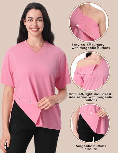 Image of Magnetic Buttons Post Shoulder Surgery Recovery Shirt for Men V-Neck Tear Away Adaptive Chemo Port Clothing for Women