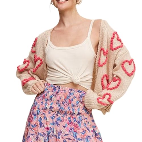 Image of Valentine's Day Cardigan Sweaters for Women Love Heart Print Button Down Cropped Cardigans Y2K Open Front Knit Sweater