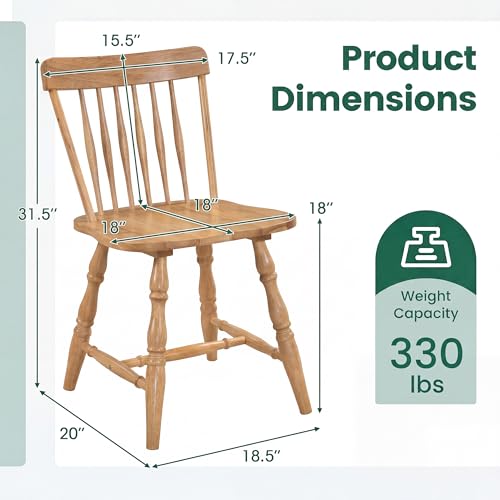 Image of COSTWAY Windsor Chairs Set of 2, Armless Solid Wood Dining Chairs with Spindle Backs, Farmhouse Kitchen Side Chair for Dining Room, Kitchen, Small Space (Natural)