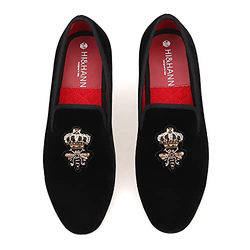 HI&HANN Bees Indian Silk Embroidery Men's Velvet Loafer Shoes Slip-on Loafer Round Toes Smoking Slipper