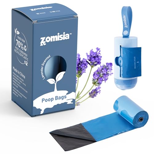 ZOMISIA Dog Poop Bags Rolls with Holder - Black-Lined Lavender Dog Waste Bags 1 Roll, Extra Thick 100% Leakproof, 70% Recycled GRS Certified, 15 Count