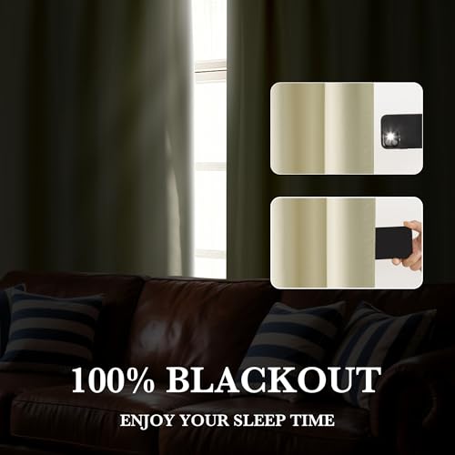 Image of RYB HOME 100% Blackout Short Curtains for Small Window, Thermal Insulated Noise Reducing Back Tab Curtains for Nursery Bathroom Basement, 34 inches Wide by 45 inches Long, Beige