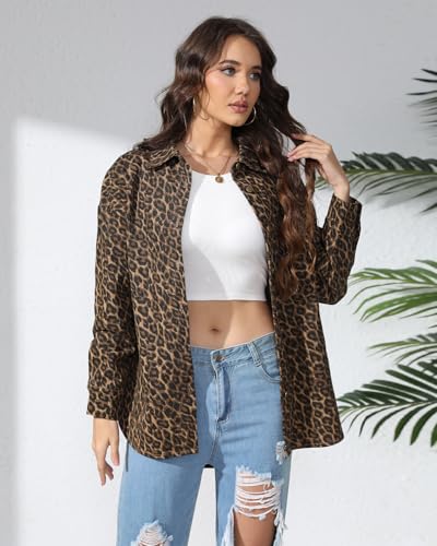Kedera Women’s Leopard Print Jean Jacket Cheetah Print Denim Bomber Jacket Button Down Shacket Coat2
