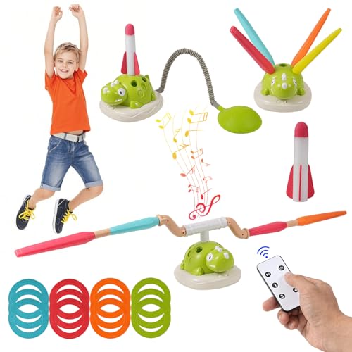 3 in 1 Musik-Sprung-Spiel - Ringwerfspiel, Raketenwerfer-Spielzeug für Kinder Outdoor, lustiges Seilspring-Spielzeug mit Fernbedienung, Sport-Spielzeuge für Garten, Geschenke für Kinder 3-8 Jahren