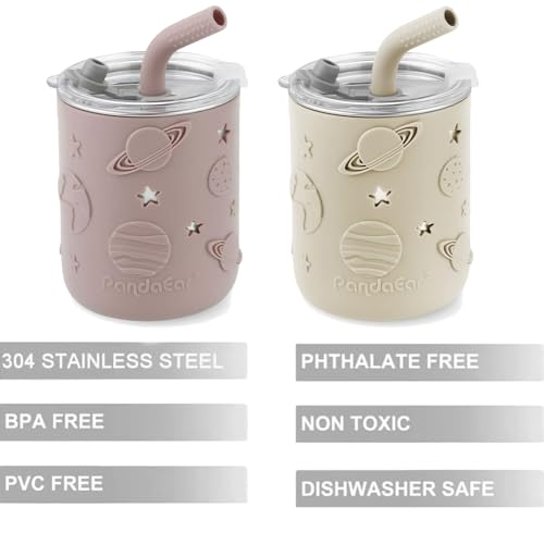 PandaEar Trinkbecher mit Strohhalm aus Edelstahl – Trinkbecher Kinder & Trinklernbecher ab 36 Monate, Auslaufsicherer Schnabelbecher Baby, Baby Trinkbecher für Babys & Kleinkinder, 250 ml