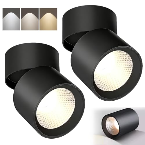 2 faretti a LED orientabili, da soffitto, colore nero, 7 W, girevoli e orientabili, 360°, 3000 k/4000 k/6000 k, RA98 con ampia superficie luminosa
