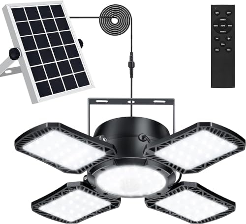 Solar Pendant Lights Solar Indoor/Outdoor Light with Motion Sensor, 4 Lighting Modes with Remote Control, 176 LED 1000LM Solar Powered Shed Lamp for Gazebo Garage Shop Barn Home House Porch