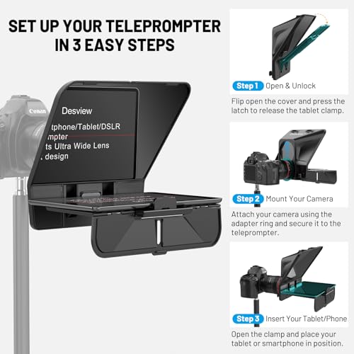 Image of Desview T5 Teleprompter for Smartphone & Tablet, Video Recording | Compatible with DSLR Cameras. Includes 49-82mm Adapter Rings, Coated Glass, Bluetooth Remote, Free App for Streaming