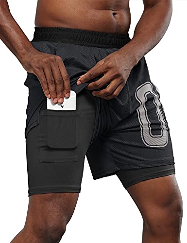 iWoo Mens Running Shorts Workout Training Short 2 in 1 Compression Shorts with Phone Pocket