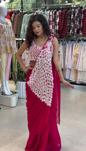 Image of Ready to Wear Faux Georgette Saree with Fully Embroidered Stylish Blouse | Pre-Stitched Saree for women