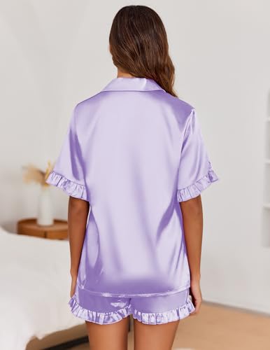 Image of Ekouaer Satin Pajama Set for Women 2 Piece Pj Sets Short Sleeve Sleepwear | Super Soft Silky Summer Loungewear Set with Ruffle Short Sleeve Top and Pocket Shorts, Casual Travel Daily Gift
