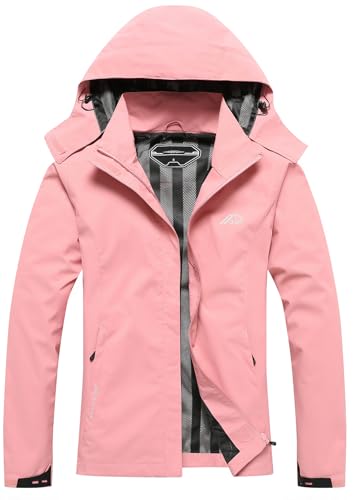 Women's Waterproof Raincoat Lightweight Rain Jacket Detachable Hood Travel Outdoor Pink M