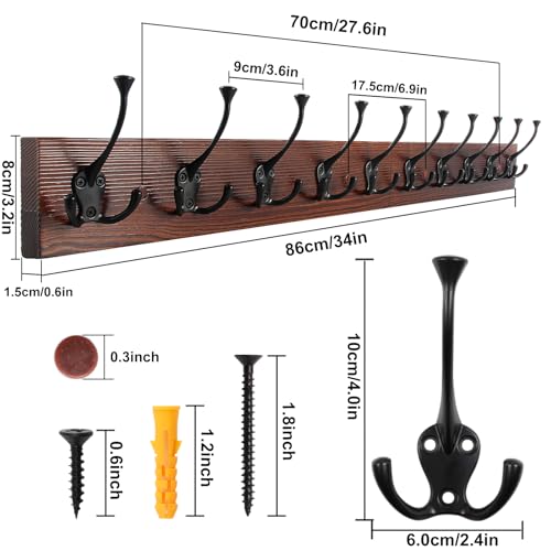 Image of IBosins 34'' Coat Rack Wall Mount with 10 Decorative Tri-Hooks, Heavy Duty Wood Coat Hanger, Rustic Coat Hooks Rail for Entryway Living Room Coat Scarf Bag Towel Hat