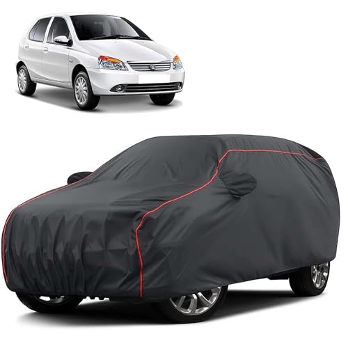 Image of Sulfar 100% Water Resistant Car Body Cover Compatible with Mirror for Tata Indigo (Triple Stitched, Full Bottom Elastic, Dark Grey Taffeta with Red Piping)