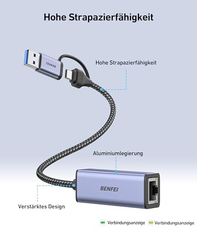 BENFEI USB-C auf Ethernet Adapter, USB 3.0 auf RJ45 Gigabit LAN (1000Mbps) Netzwerkadapter , kompatibel mit MacBook/Pro/Air, Surface Pro, Windows 11/10/8/7, Mac OS