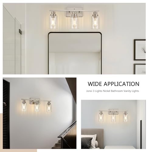 Image of Jonsi 3 Light Brushed Nickel Bathroom Vanity Lights with Fluted Glass Shade, Modern Nickel Bathroom Lights Over Mirror
