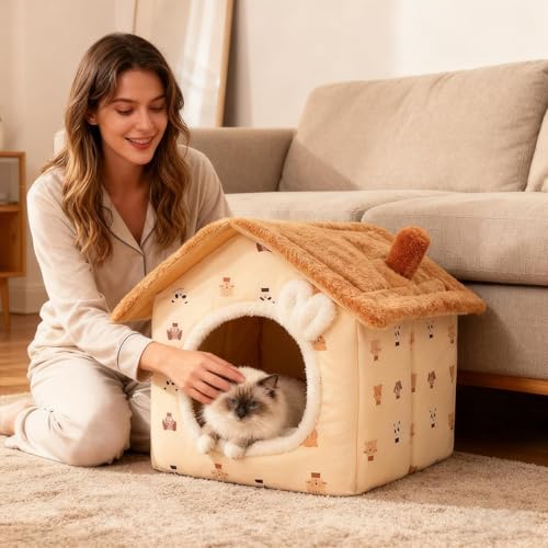 Grotte de lit pour chaton et chien avec nid chaud à coussin doux isolant - 5
