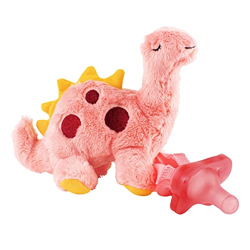 Image of Dr. Brown's Baby Lovey Pacifier Holder & Teether Clip, Soft Plush Stuffed Animal Dino Pacifier Tether with Pink HappyPaci, 100% Silicone, 0-12m