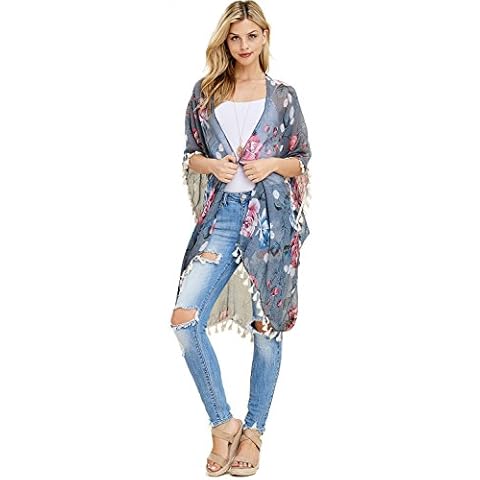 MYS Collection Lightweight Sheer Open Shawl Cardigan - Tassel Floral Robe Kimono (Kimono Cardi - Rose Tassel Gray) Cover