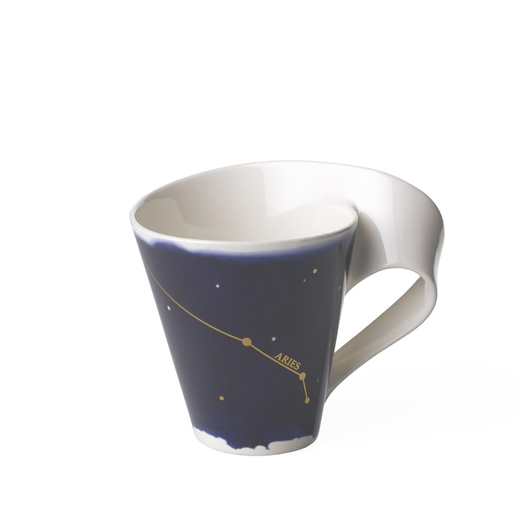 Villeroy & Boch 10-1616-5813 New Wave Stars Mug with Handle, Beautifully Shaped Cup with Aries Design, Premium Porcelain, Dishwasher Safe, White/Blue, 300 ml Gold