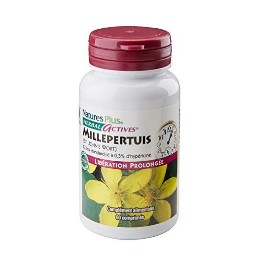 NaturesPlus - Millpertuis 233mg 60 comprimés - Libération Prolongée - extrait de plante standardisée à 0,3% d'hypéricine - Luttez contre les états anxieux et troubles du sommeil - Conçu et fabriqué par NaturesPlus