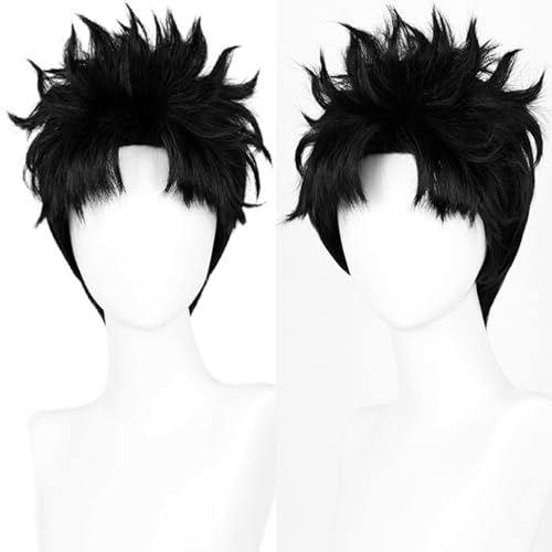 Image of Half and Half O-karun Cosplay Wig for Men Short Black Anime Male Curly Wig with Bangs Layers Black Costume Wigs for Unisex Women Halloween Party