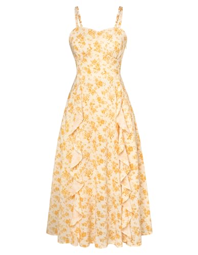 Image of Belle Poque Sun Dresses for Women Spring Summer Floral Midi Flowy Spaghetti Ruffle Wedding Guest Tea Party Dress