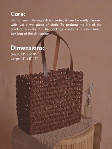 Image of KADAM HAAT Lunch Bag | Handmade Sabai Grass Bag for Lunch and Bottle | Tiffin Box Bag for School or Office and Picnic with Leather Handle (Brown)