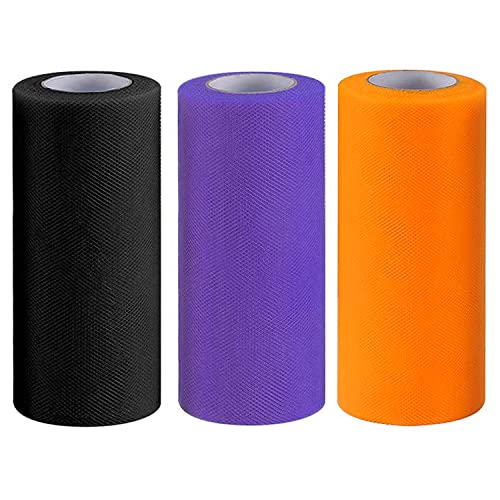Euvoym 3 rollos de tela de tul para Halloween, color negro, naranja, púrpura, cinta de tela transparente para tutú, lazos para hacer decoraciones de Halloween, 15 cm x 22 m