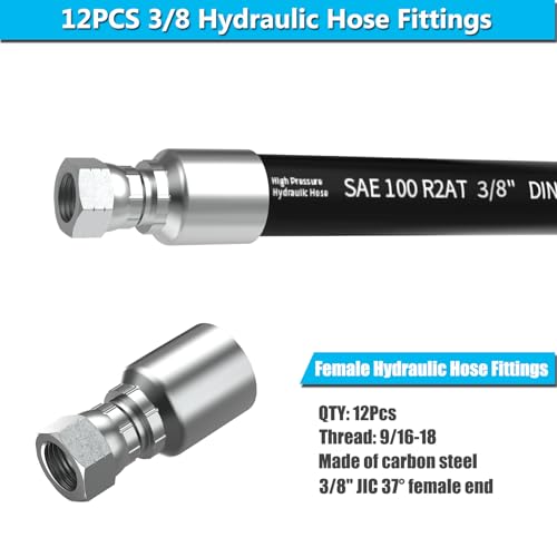 Image of 12PCS 3 /8 inch JIC 37 Female Hydraulic Hose Fittings, Hydraulic Hose Crimp Fitting Ends for Air Hose Repair Kit
